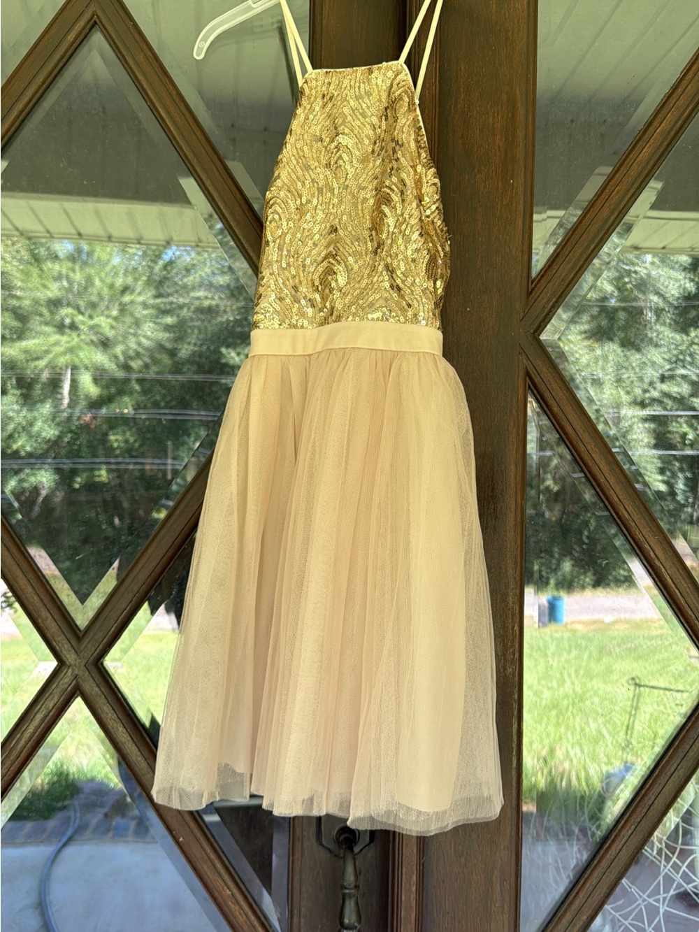 Women’s Gold Sequin thin strap with Cream Tulle Skirt Dress